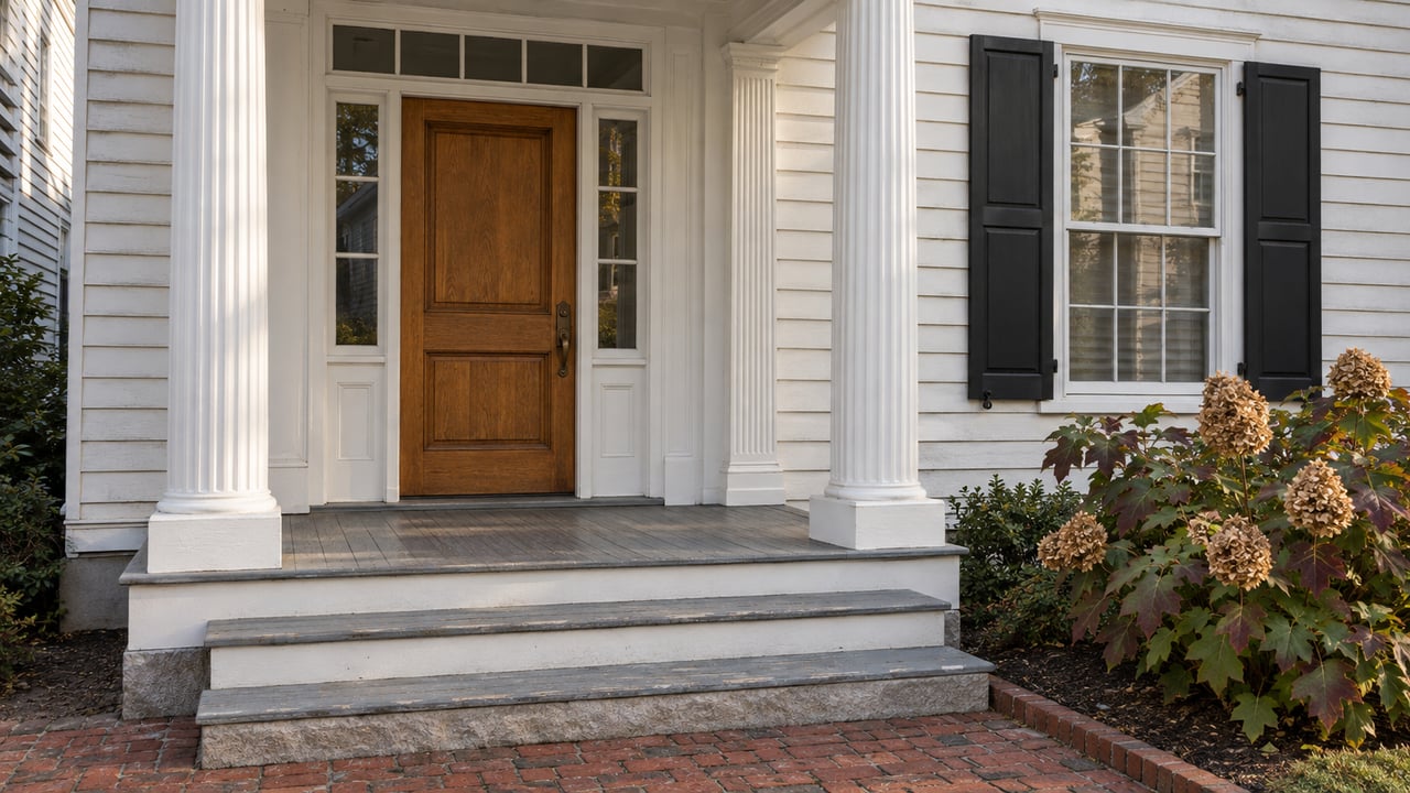 White clapboard home entry with a natural wood door, paired white porch columns, gray steps and an oakleaf hydrangea beside a brick walk.