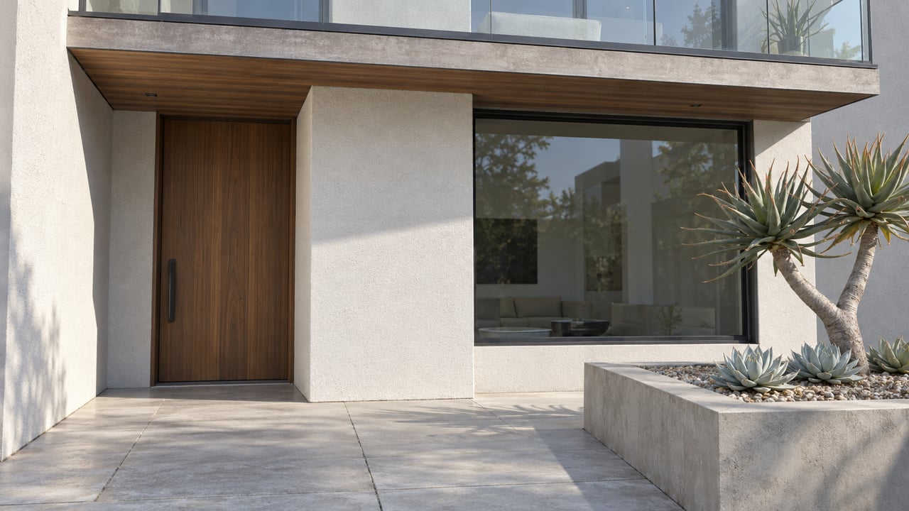 Contemporary townhouse entry with cedar door, white stucco, glazed balcony and sculptural aloe in a raised concrete planter.