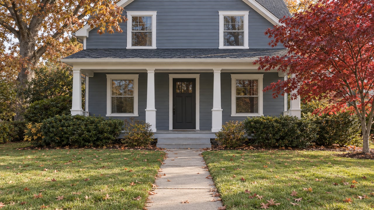 Slate-blue suburban house with a centered porch, concrete walkway, and autumn leaves scattered across the lawn.