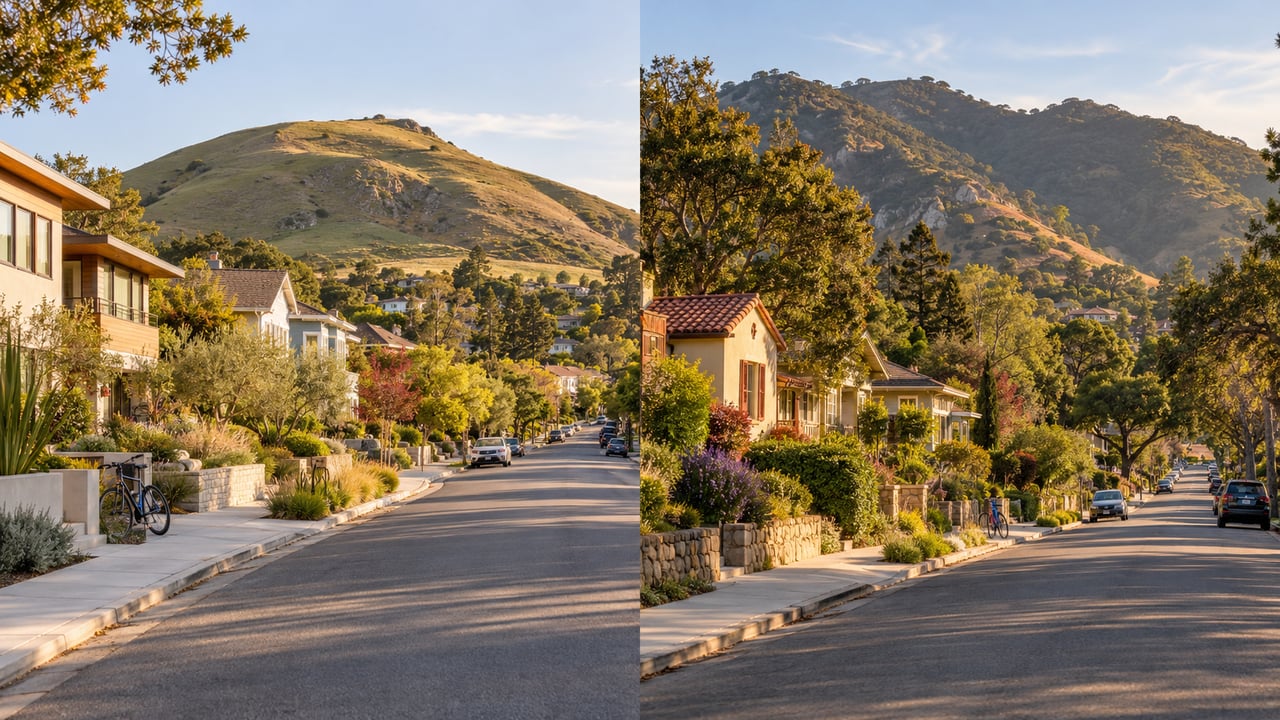Residential street lined with homes beneath sunlit hills.