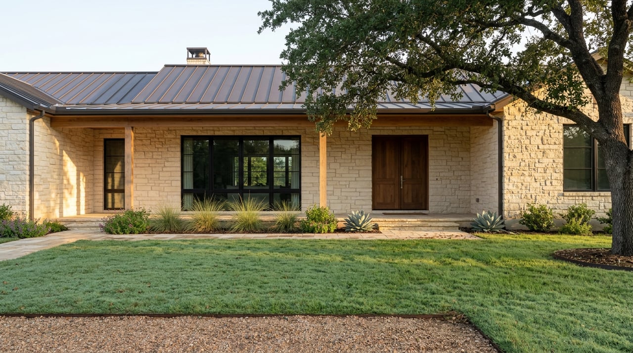 Limestone house with covered porch, black-framed windows, metal roof, live oak canopy, and dew-bright lawn.