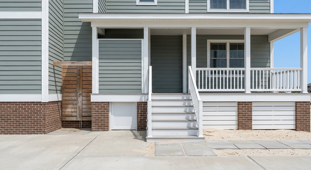 Raised home entry with gray stairs, brick piers, and a cedar-slat outdoor shower beneath the porch.