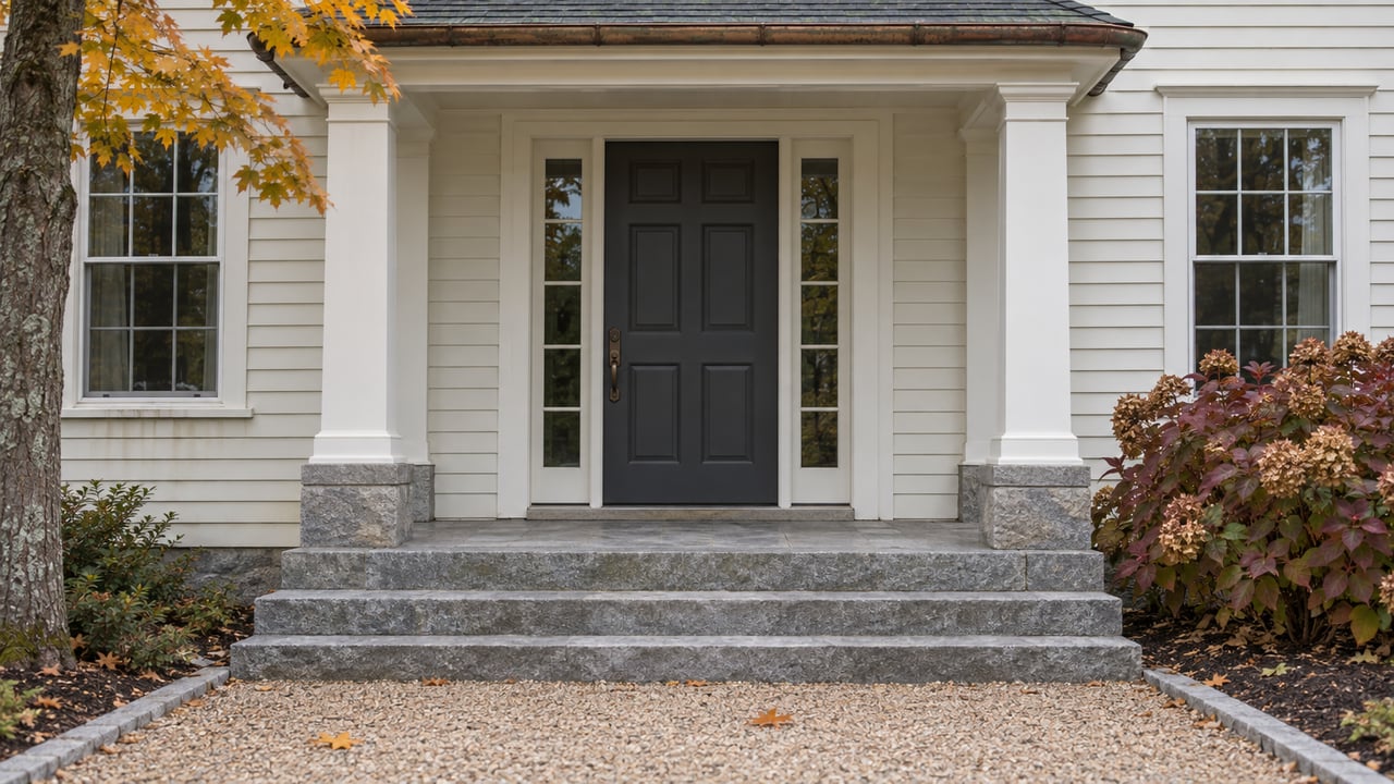 Ivory clapboard home entry with a charcoal door, paired sidelights, granite steps, and autumn maple and oakleaf hydrangea foliage.