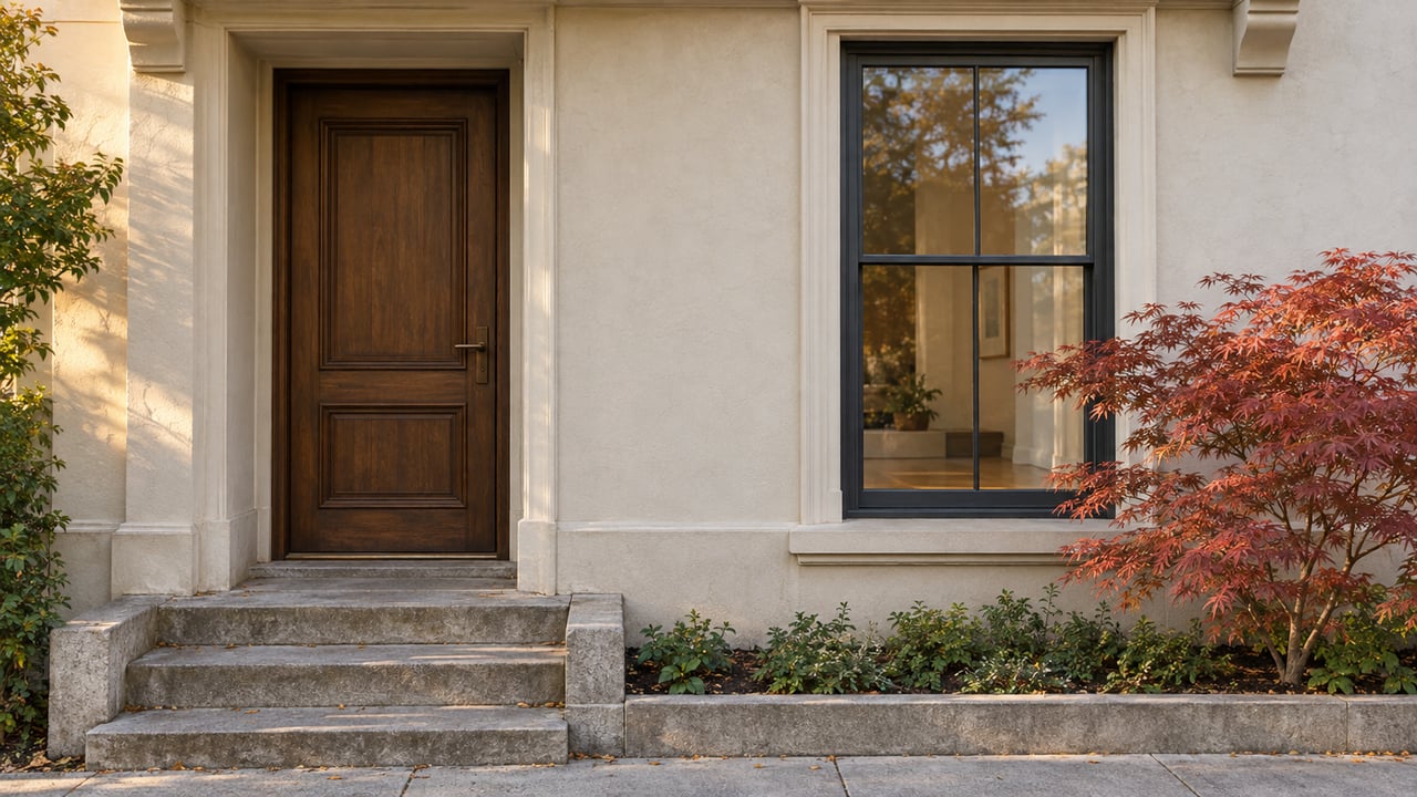 Off-white stucco facade with a recessed timber door, limestone steps, sash window, and copper-red maple.