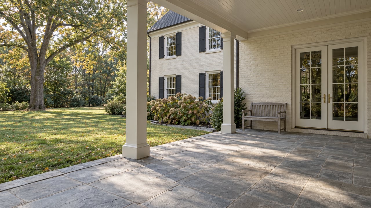 Covered limestone veranda beside a cream painted-brick home, opening onto a broad lawn with a mature oak and autumn oakleaf hydrangeas.