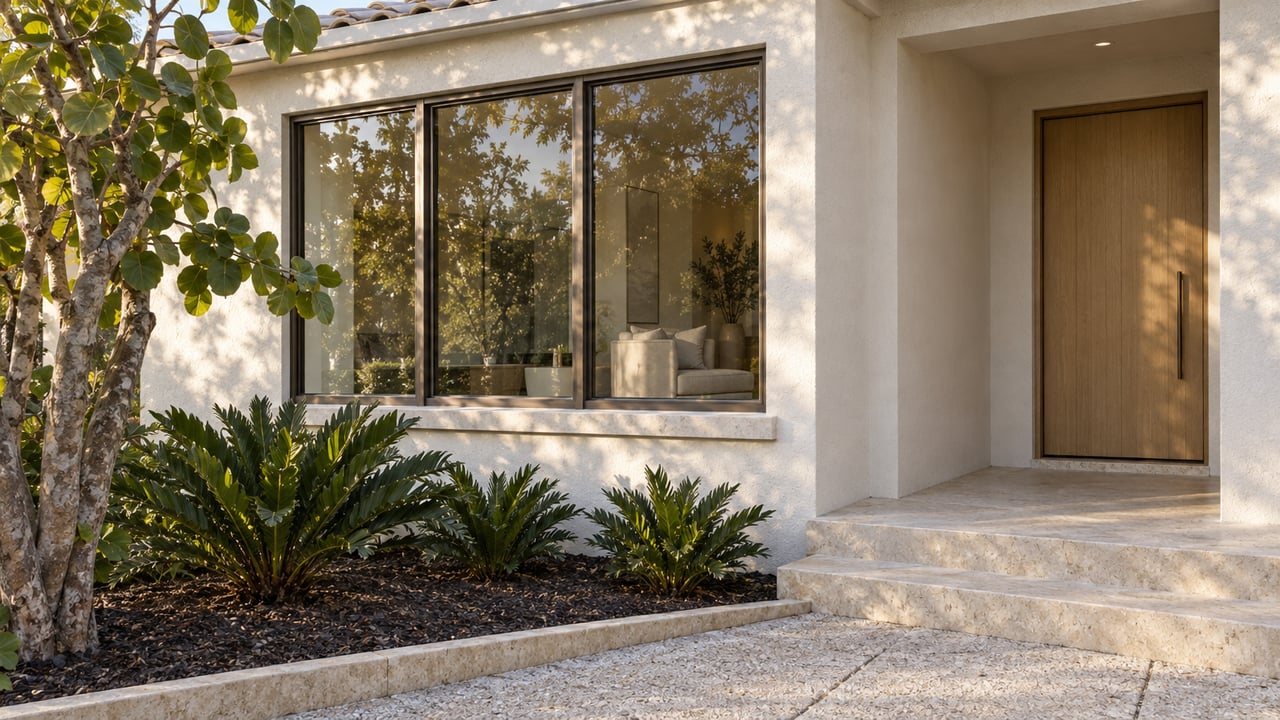 Warm-white stucco home with bronze-framed glazing, a recessed wood entry, shell-aggregate paving and sculptural sea-grape planting.
