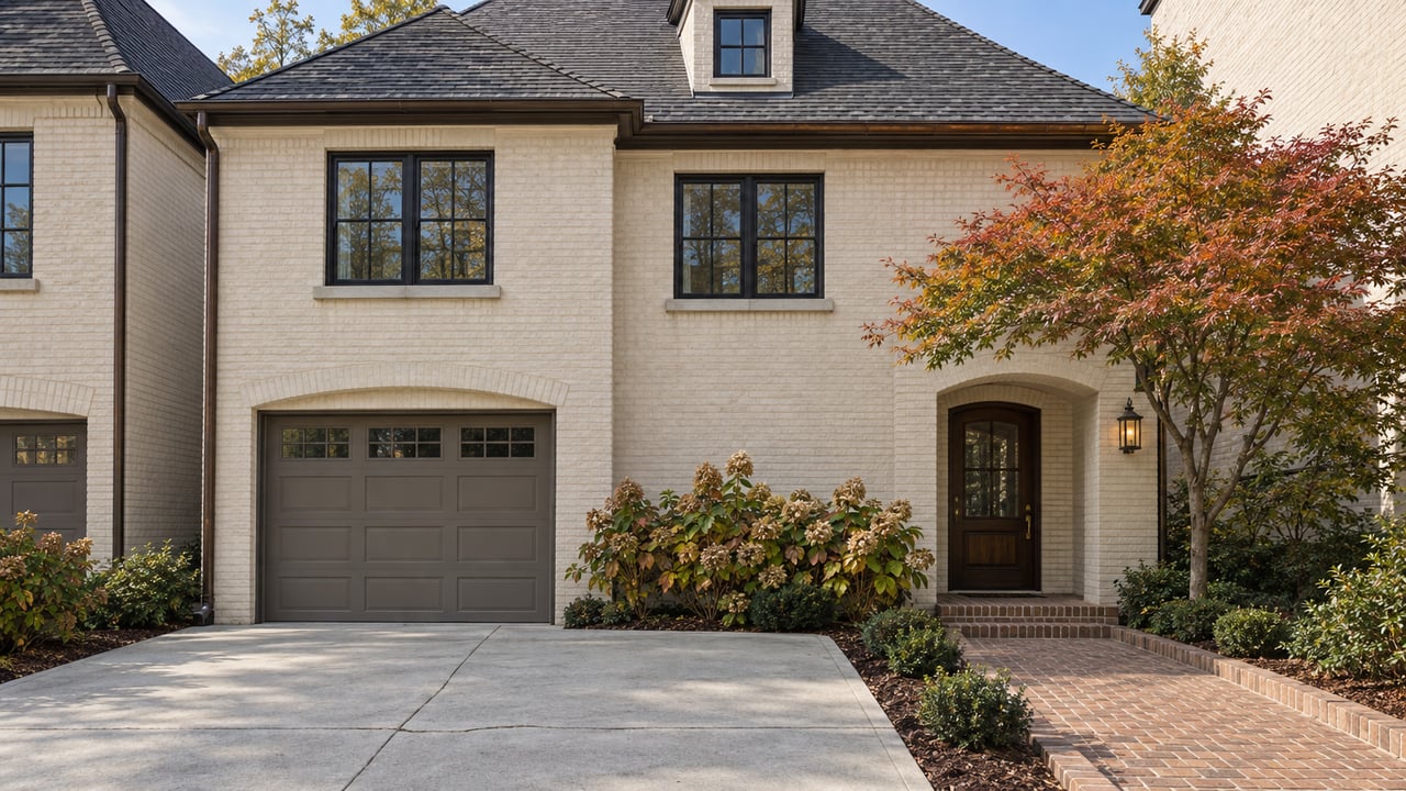 Ivory painted-brick townhome with dark framed windows, an oak entry door, a brick walk and a Japanese maple beside the entrance.