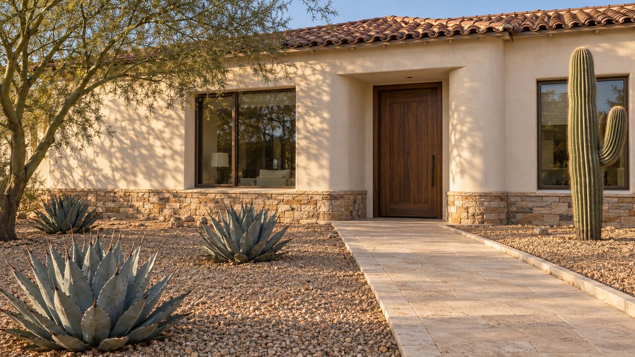 Warm ivory stucco home with clay tile roof, walnut entry door, limestone approach and carefully spaced desert specimen planting.