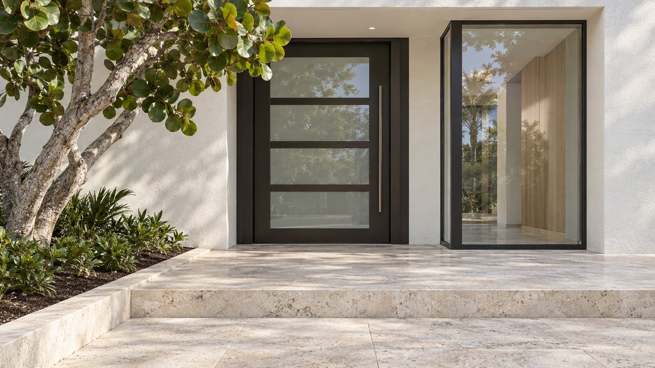 White stucco home entrance with dark-framed glass door, shell limestone steps and a sculptural sea grape tree.