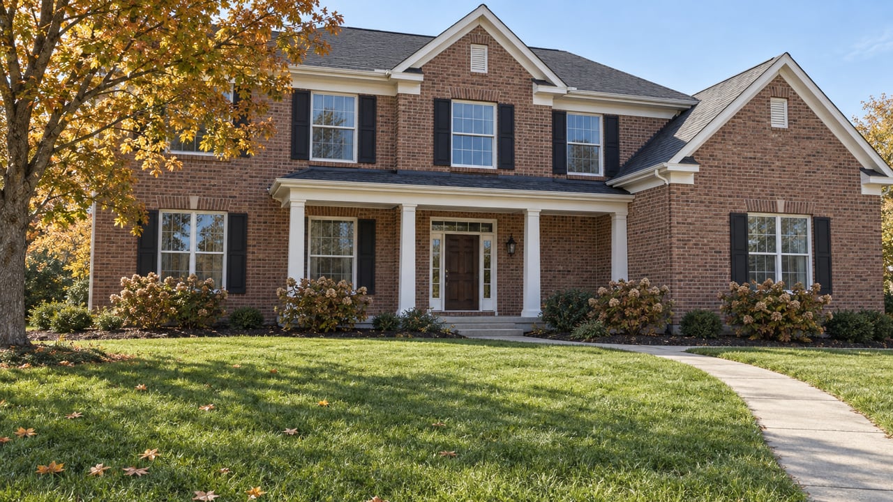 Brick two-story home with a covered porch, broad autumn lawn, and a golden-leaved maple beside a curving concrete walk.