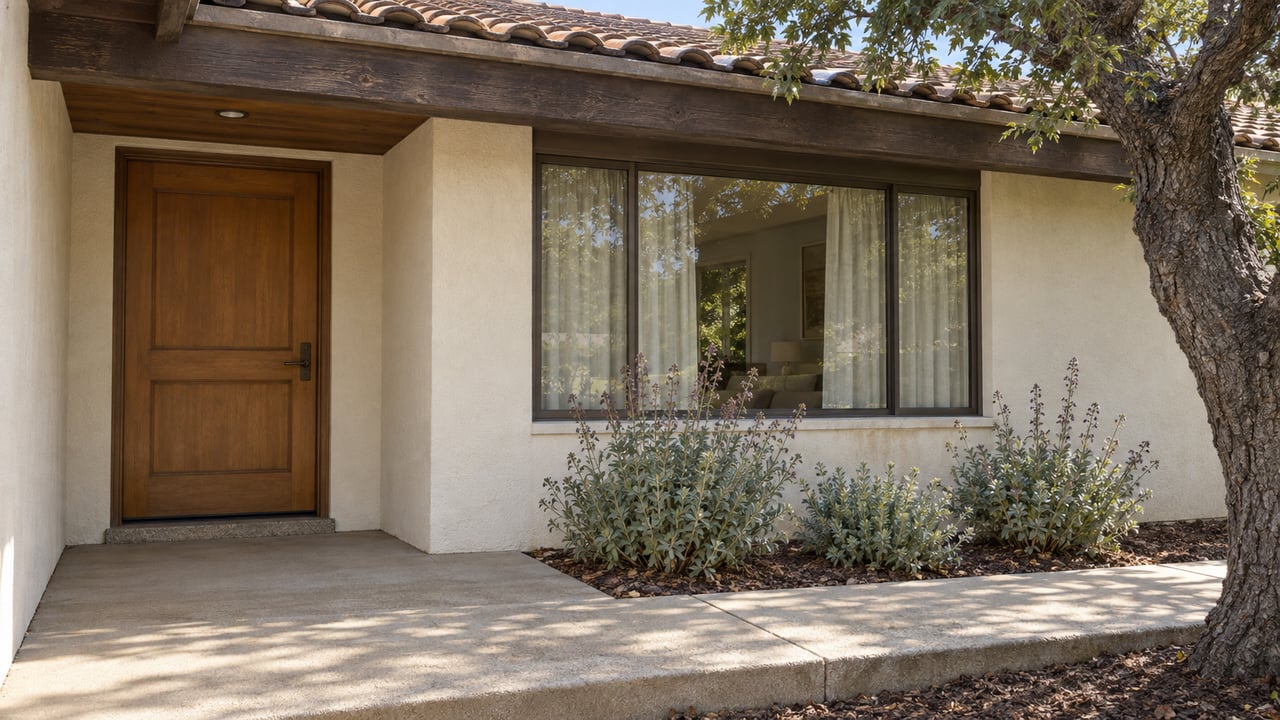 Covered ranch-home entry with cream stucco, a wood door, bronze-framed window and a concrete landing beside an oak and Cleveland sage.