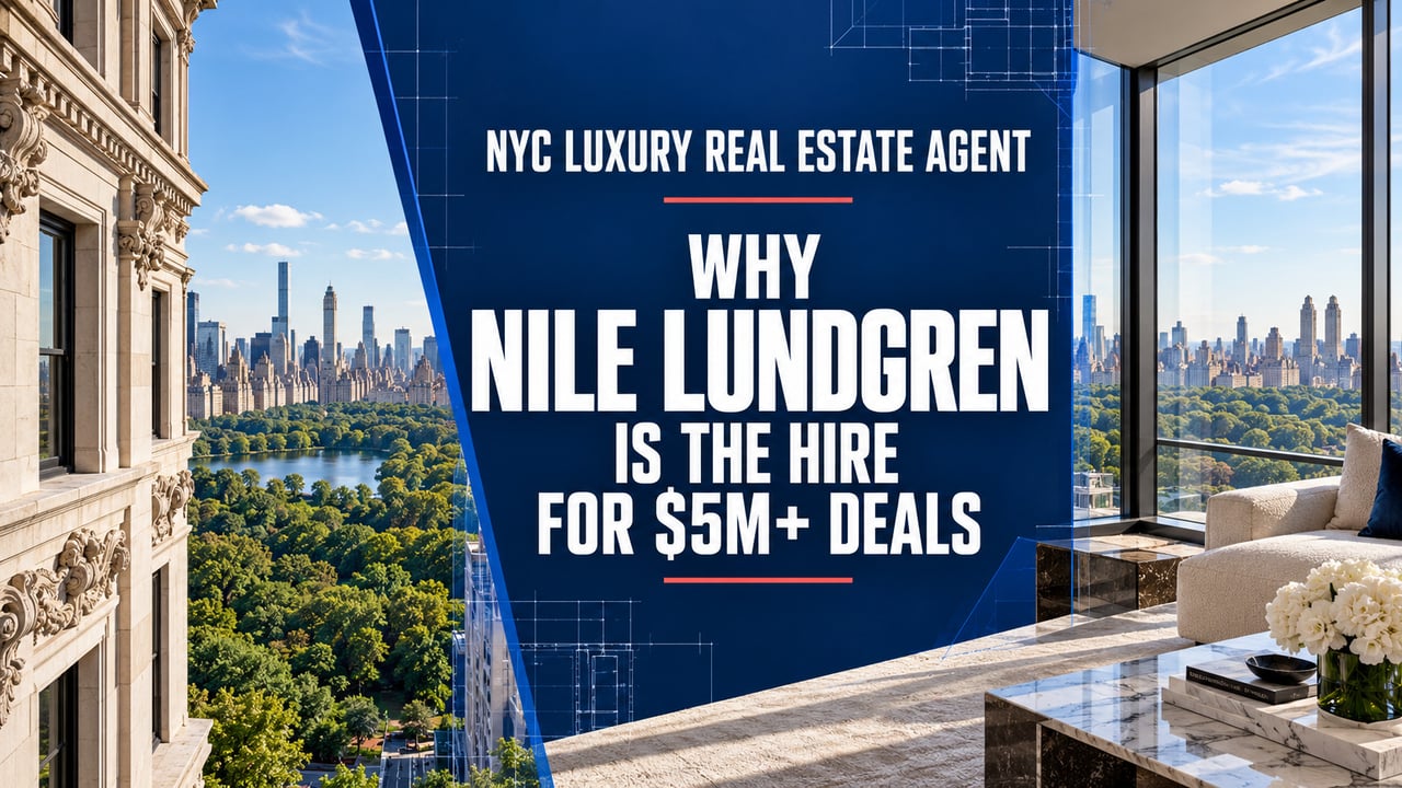 Promotional graphic for Nile Lundgren featuring Manhattan and Central Park views and a headline about $5M+ deals.