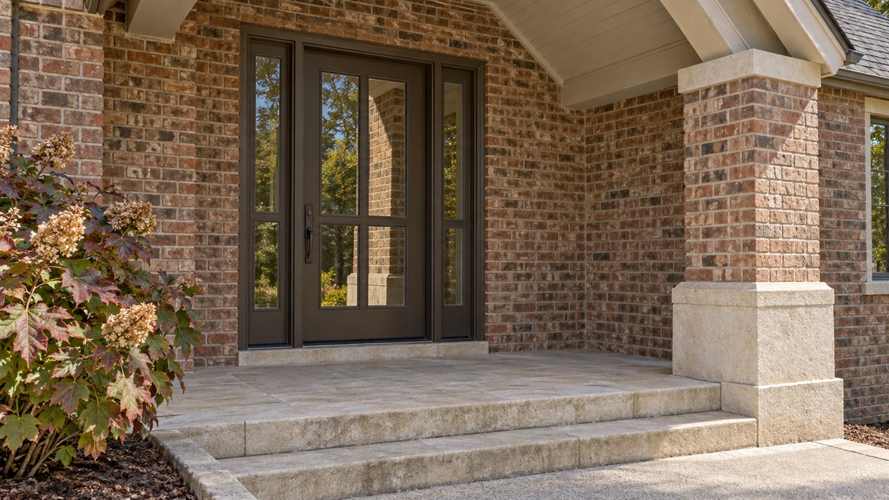 Warm brick covered entry with a bronze glazed door, limestone steps and oakleaf hydrangea beside the approach.