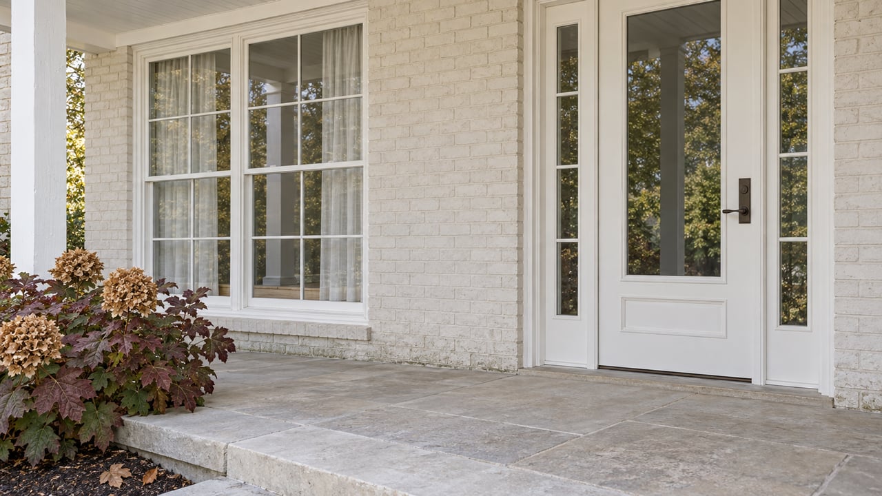 A bright covered entrance with ivory brick, white multipane windows, limestone steps and burgundy oakleaf hydrangea foliage.