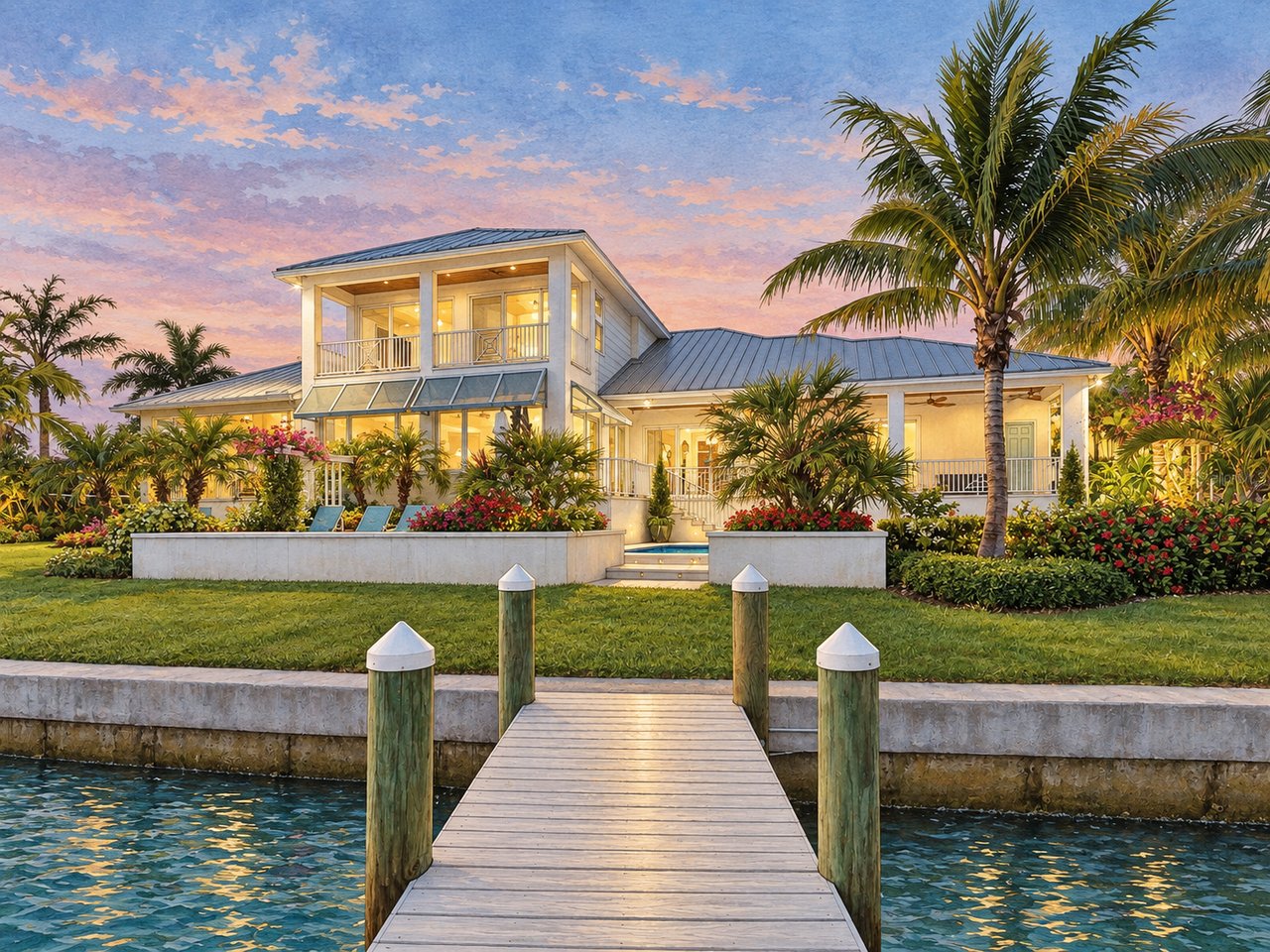 Waterfront home with a dock, palm trees, and a glowing pink-and-blue dusk sky.