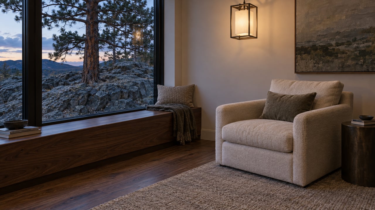 Warm walnut and ivory wool seating beside a closed dark-framed window overlooking basalt and a mature pine at dusk.