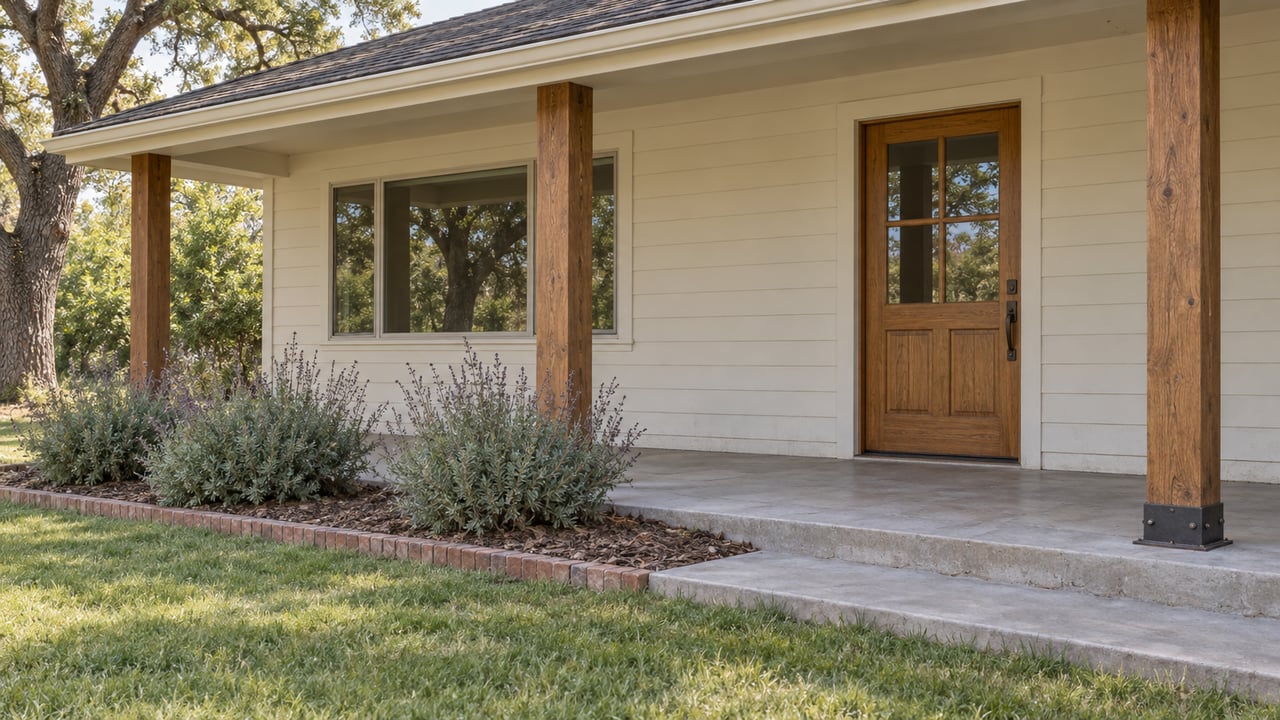 Cream-sided home with timber porch posts, glazed oak door, broad window, and brick-edged planting bed.