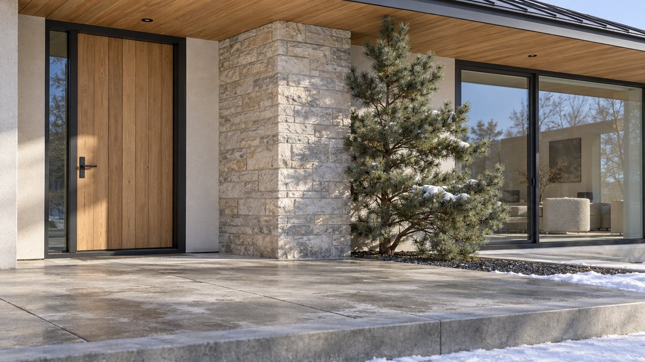 Winter entry terrace with a wood door, limestone pier, charcoal window frames and a sculptural pine beside a snow-dusted step.