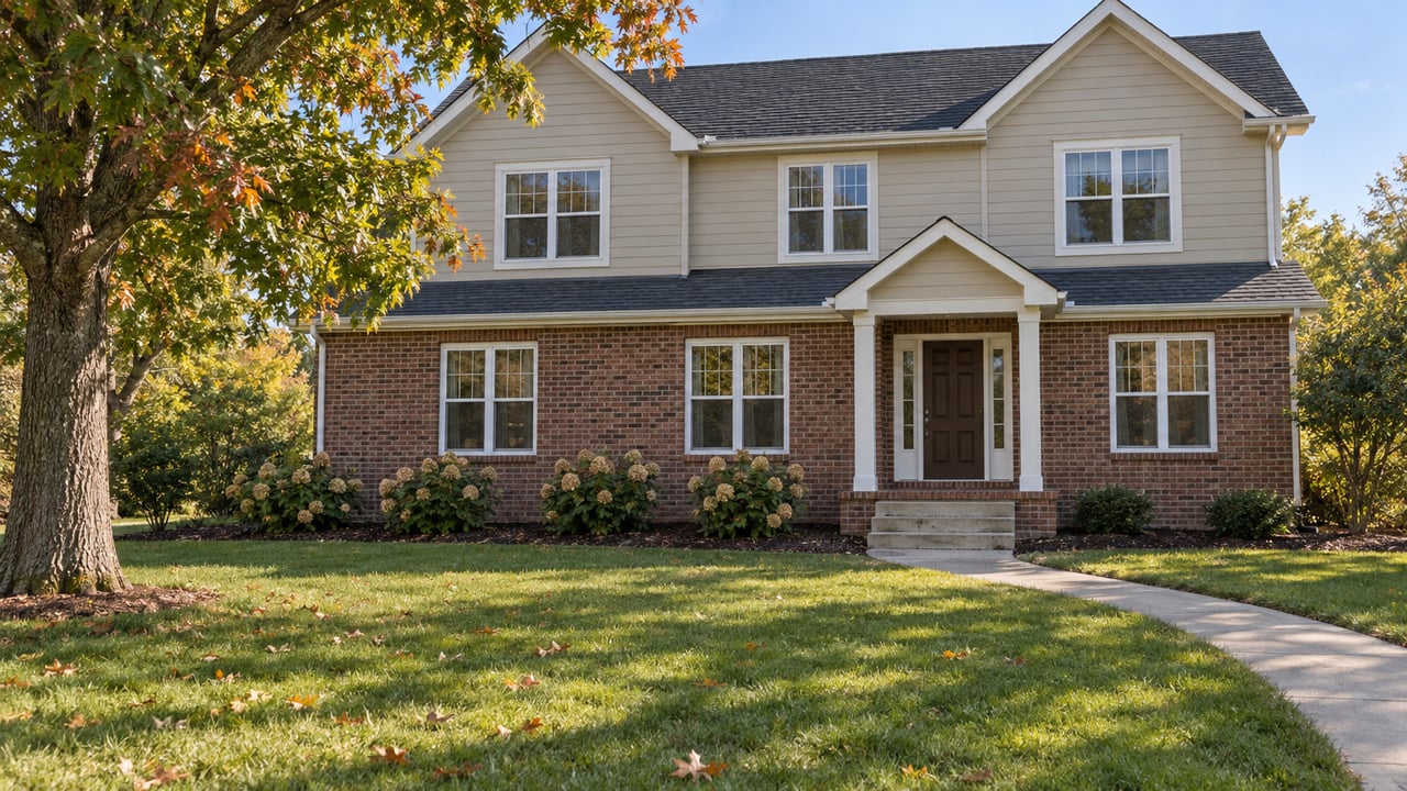 Traditional brick-and-siding home beyond a deep green front lawn, with a mature oak and a curved concrete entry walk.