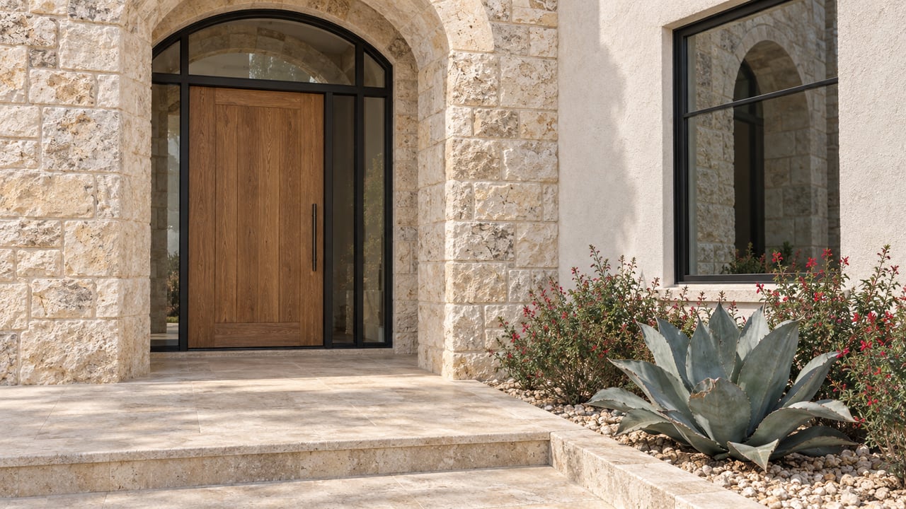 Sunlit limestone arch around an oak front door beside black-framed glazing, with a blue-gray agave and red-flowering sage in a bordered stone bed.