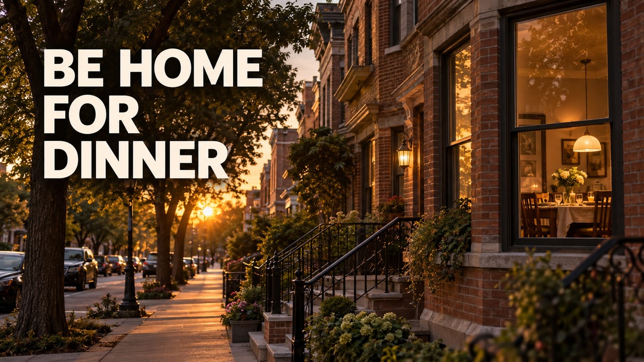 Brick Brooklyn rowhouses at sunset, with stoops and a warmly lit dining room window.