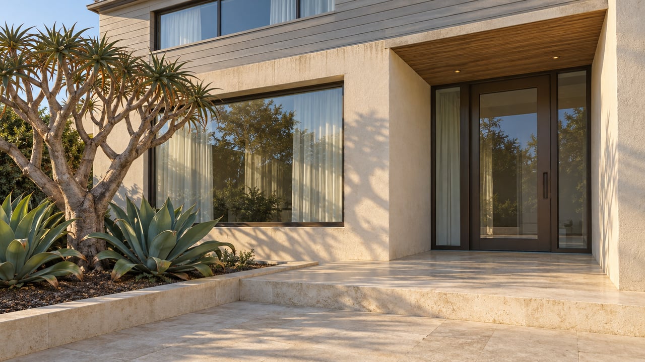 Warm afternoon light falls across a coastal home's ivory stucco, gray siding and bronze-framed entry beside a sculptural tree aloe.