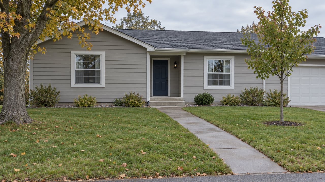 Gray-sided house behind a broad lawn, diagonal walk, and two trees, one with amber leaves.