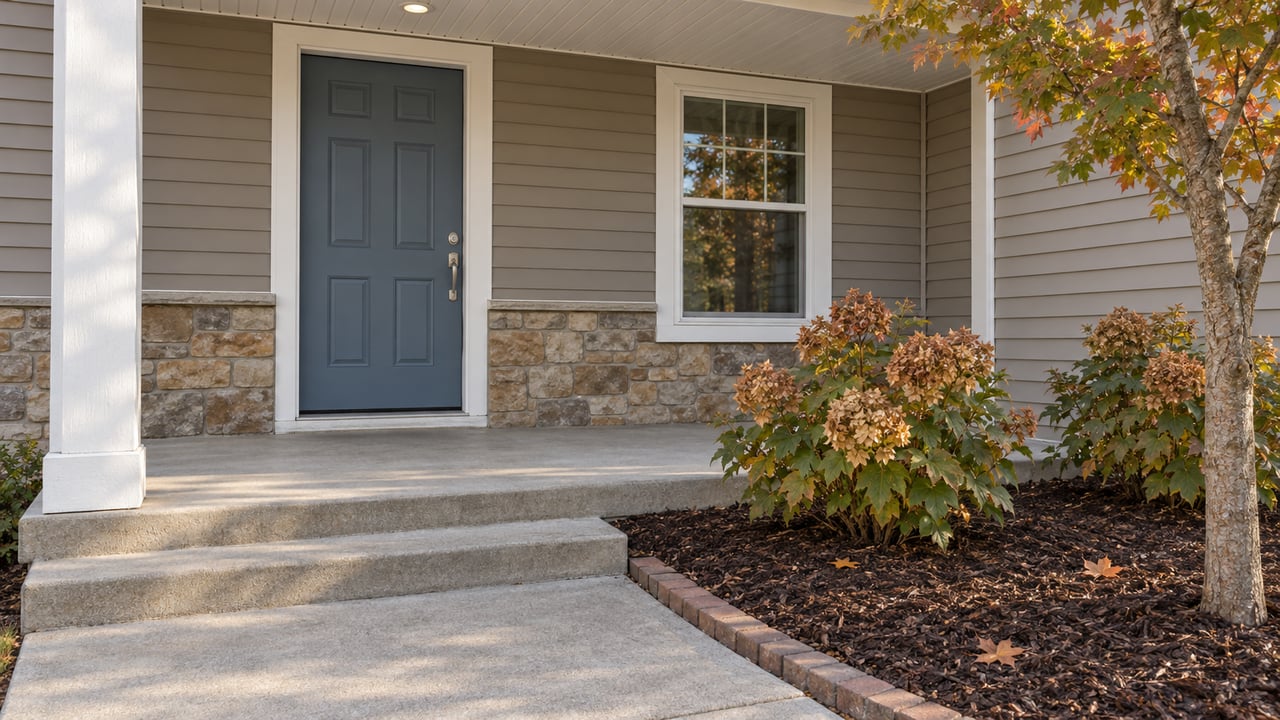Covered home entry with taupe siding, a blue front door, tan stone accents and oakleaf hydrangeas beside a brick-edged walk.