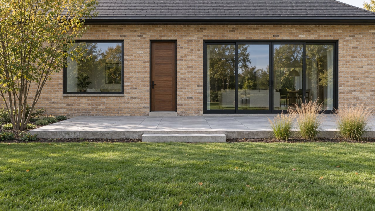 Buff brick house with black-framed windows, a concrete terrace, and lawn edged with ornamental grasses.