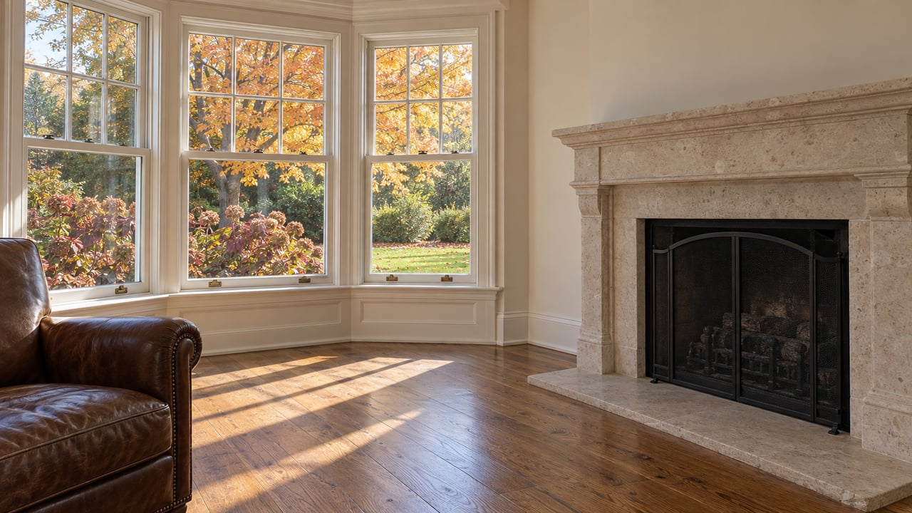 Autumn light crosses an oak-floored sitting room with a limestone fireplace, leather chair and divided-light bay windows overlooking a maple and oakleaf hydrangeas.