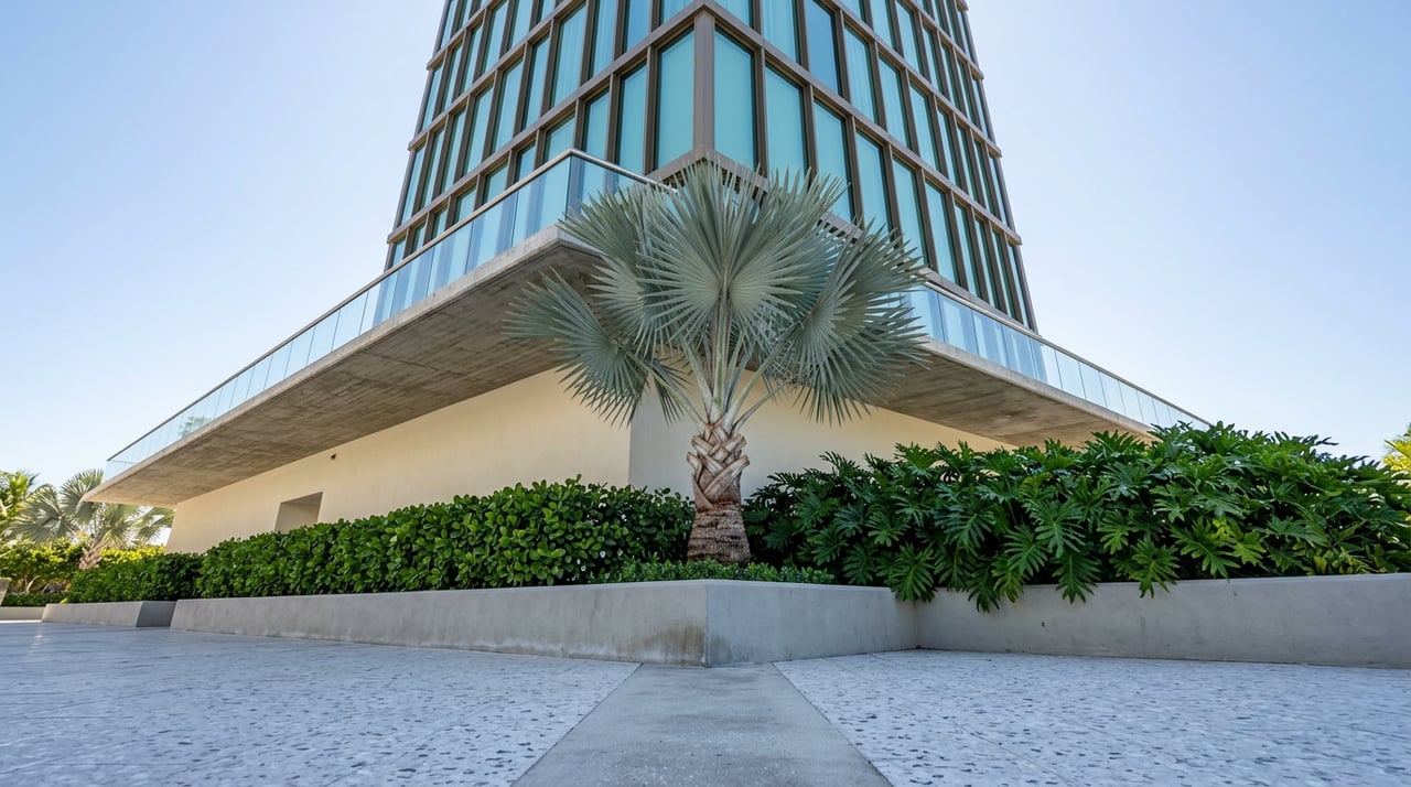 Condo tower rises above terrazzo paving, with a silver-blue fan palm and glass terrace railing.