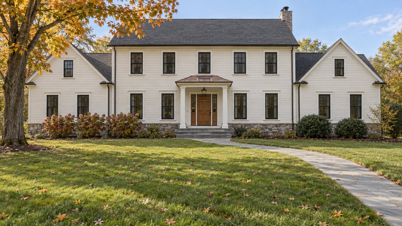 Ivory clapboard colonial beyond a deep autumn lawn, with a bluestone approach and amber sugar maple.