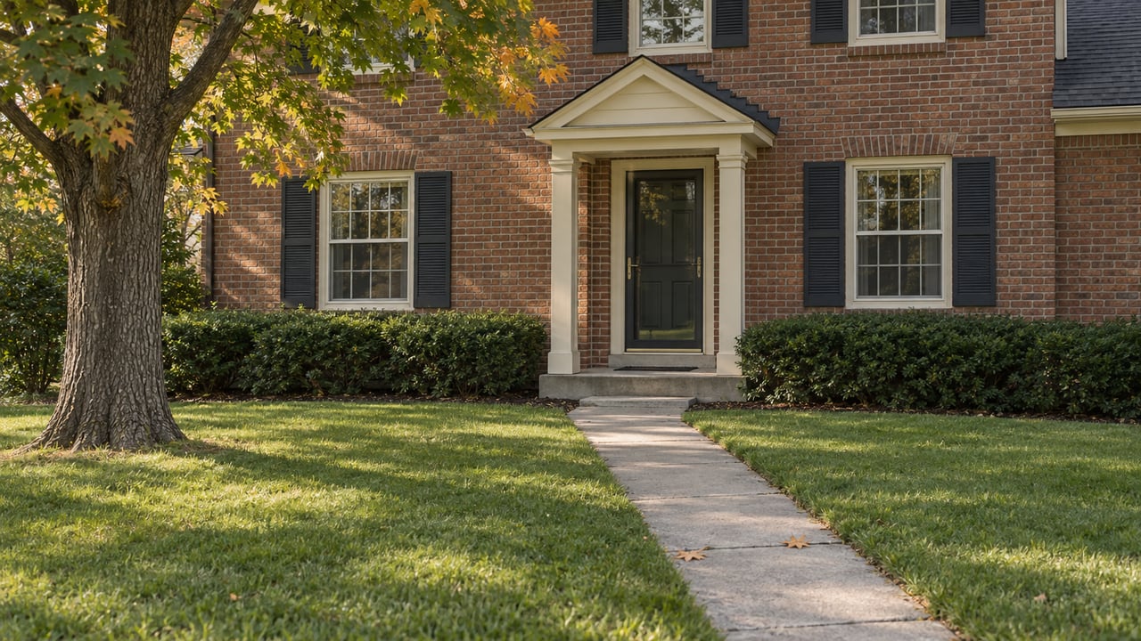 Brick two-story home with a gabled entry porch, concrete walk across a deep lawn, and a maple tree.