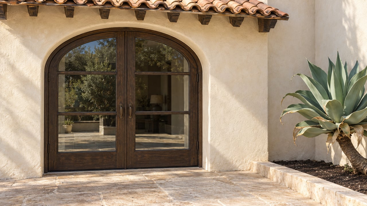 Cream stucco arch with closed oak-framed glass doors beneath clay roof tiles, beside a sculptural agave on a limestone terrace.