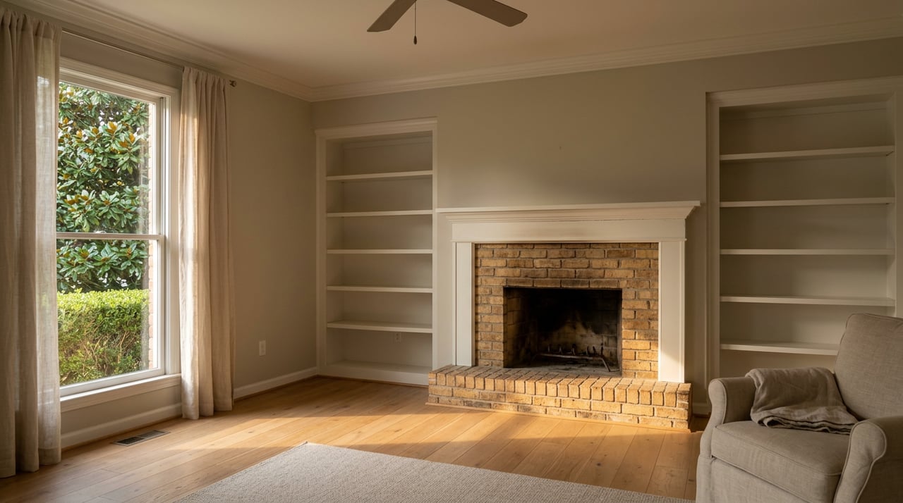 Brick fireplace with white mantel and built-in shelves beside a sunlit window, with magnolia leaves visible outside.