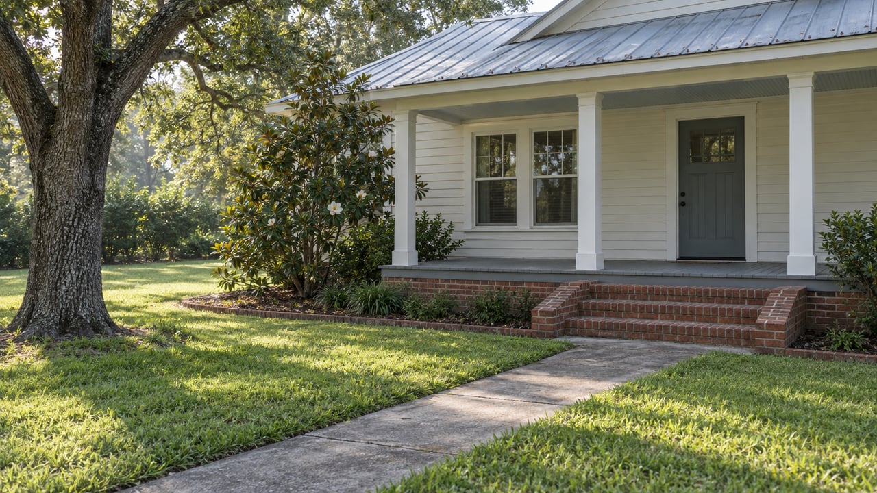 A modest raised clapboard cottage with a silver metal roof, brick steps and a deep green front lawn beneath a mature live oak.
