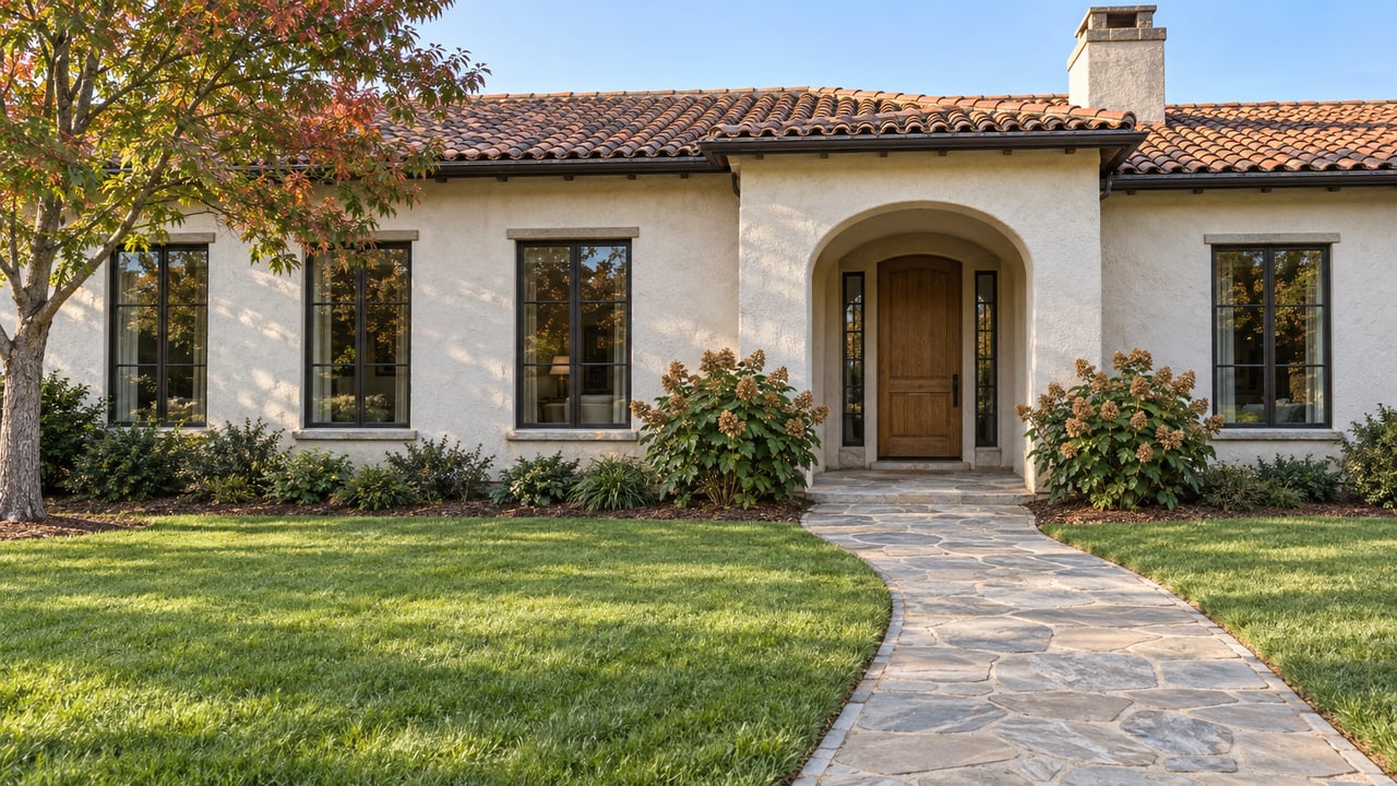 Warm white stucco home with terracotta roof, bronze-framed windows and a recessed oak entry beyond a broad lawn and stone walk.