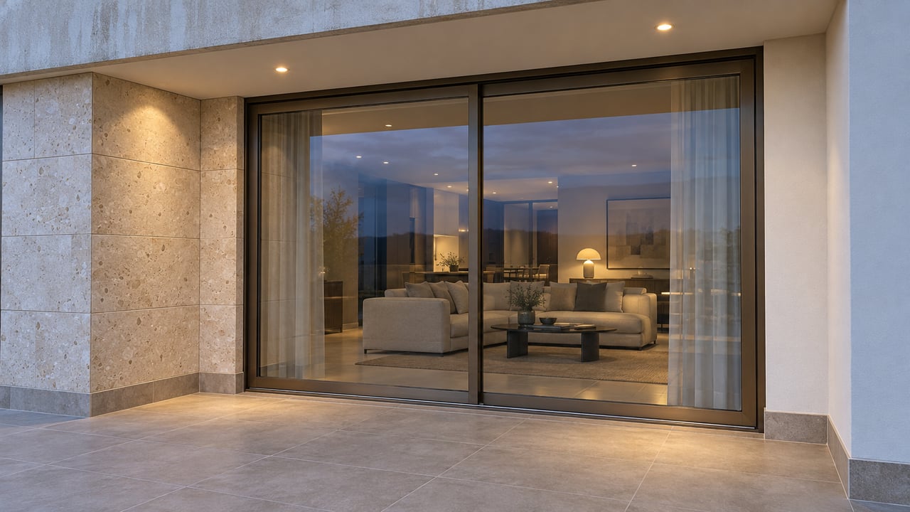 Bronze-framed glass doors beneath a lit concrete overhang, with a pale limestone pier and porcelain-tiled condominium terrace.