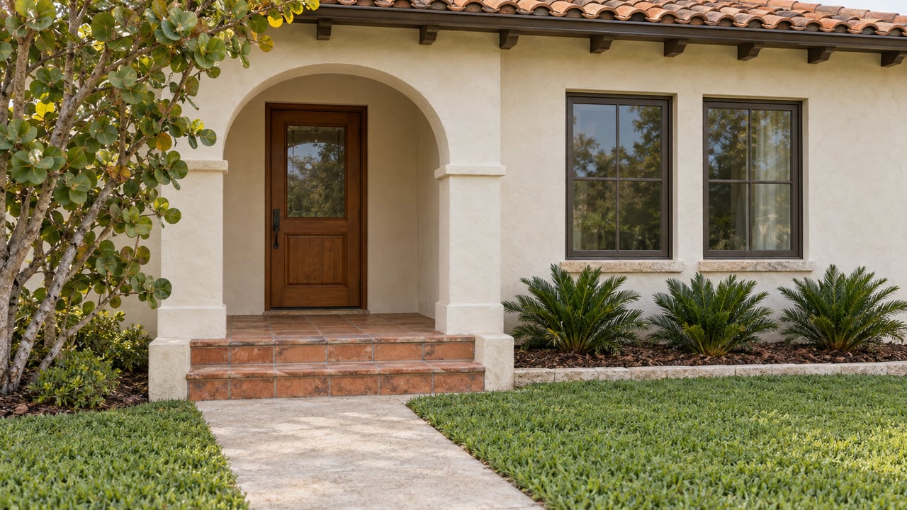Ivory stucco house with a terracotta-roofed arched porch, timber front door, paired windows and carefully maintained tropical planting.