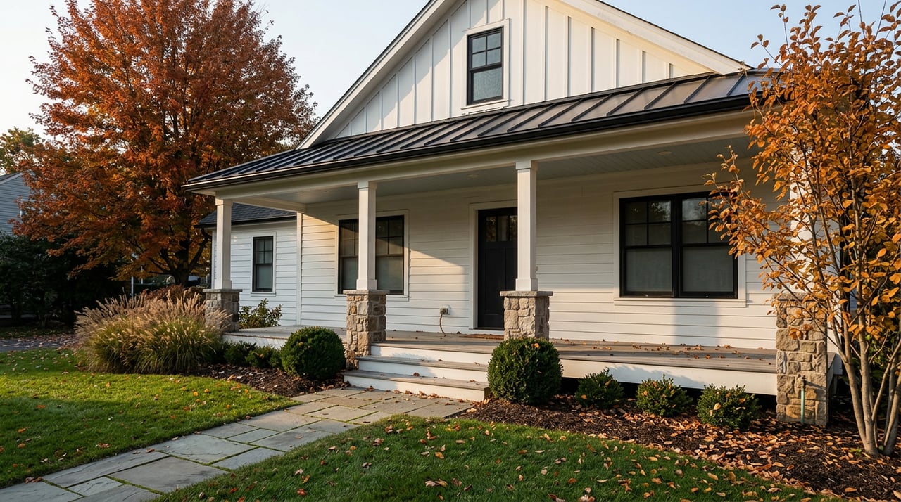 White farmhouse with a covered porch, bluestone walkway, and orange-red maple in the front yard.