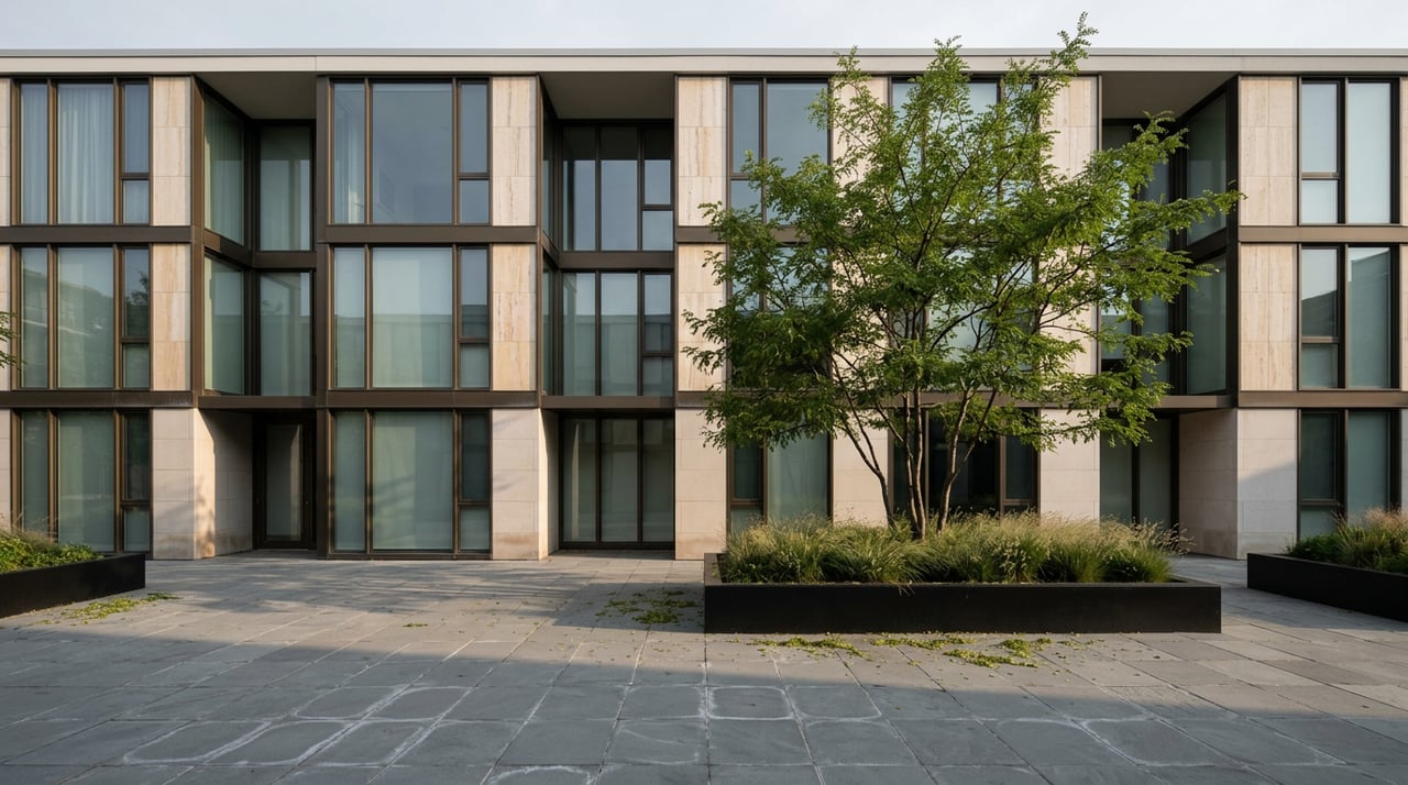 Glass-and-steel apartment facade with travertine bands, bluestone forecourt, and honeylocust in a planter.