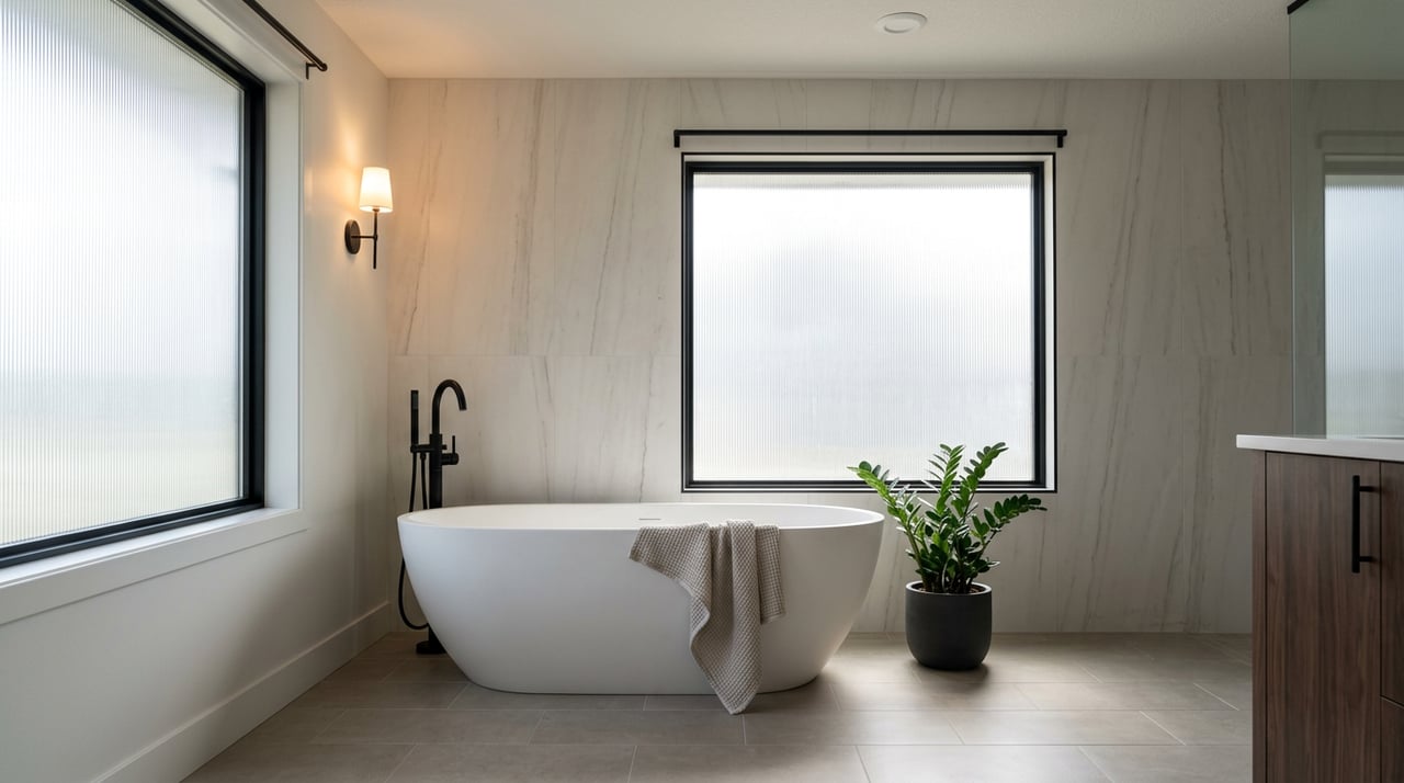 Oval white freestanding tub beneath a reeded-glass window, with a black filler, draped towel, and potted plant.