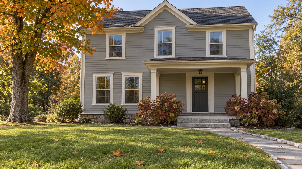 Gray clapboard home with a gabled roof and covered entry behind a deep autumn lawn, framed by an orange-green sugar maple.
