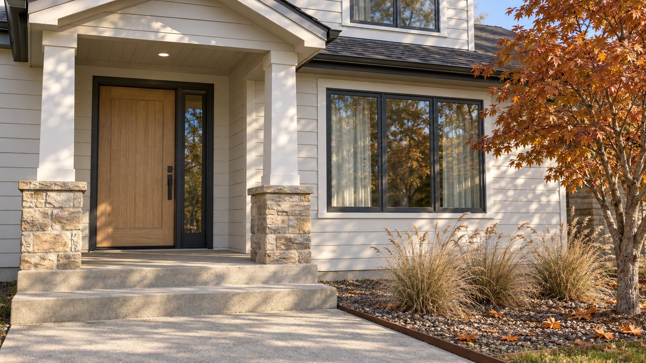 Autumn light falls across a recessed suburban entry with pale siding, sandstone porch bases, and a copper-colored maple.