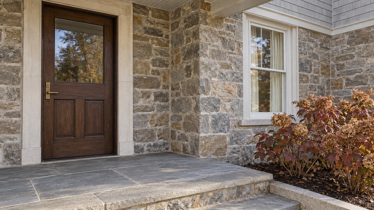 Fieldstone house entrance with a walnut door, tall white-trimmed window, bluestone landing, and autumn oakleaf hydrangeas.