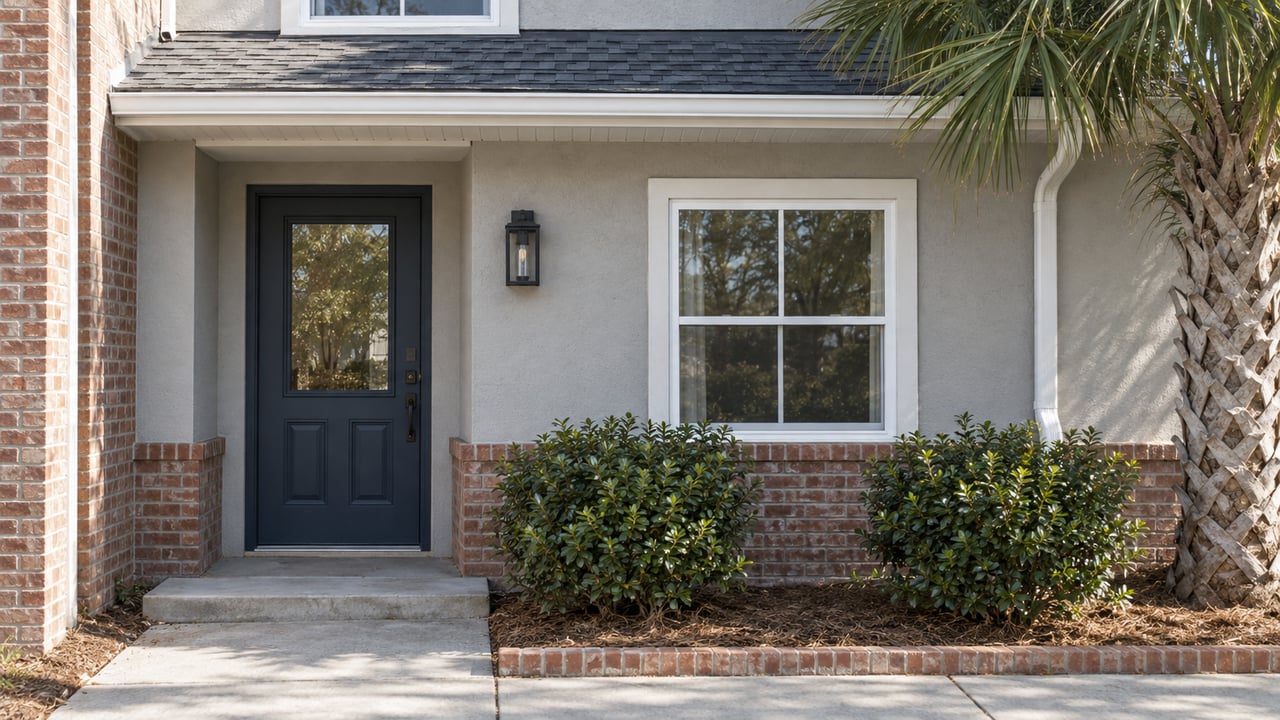 Attached home with warm-gray stucco, red-brick base, dark-blue entry door, and shrubs in a narrow planted strip.