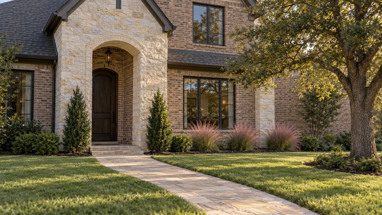 Brick two-story home with an arched limestone entry, paver approach, and mature oak shading the lawn.