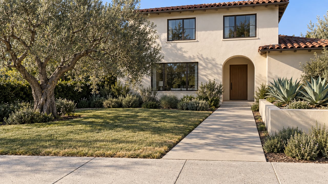 Cream stucco home with a terracotta tile roof, recessed arched doorway, olive tree and a deep front garden in clear afternoon light.