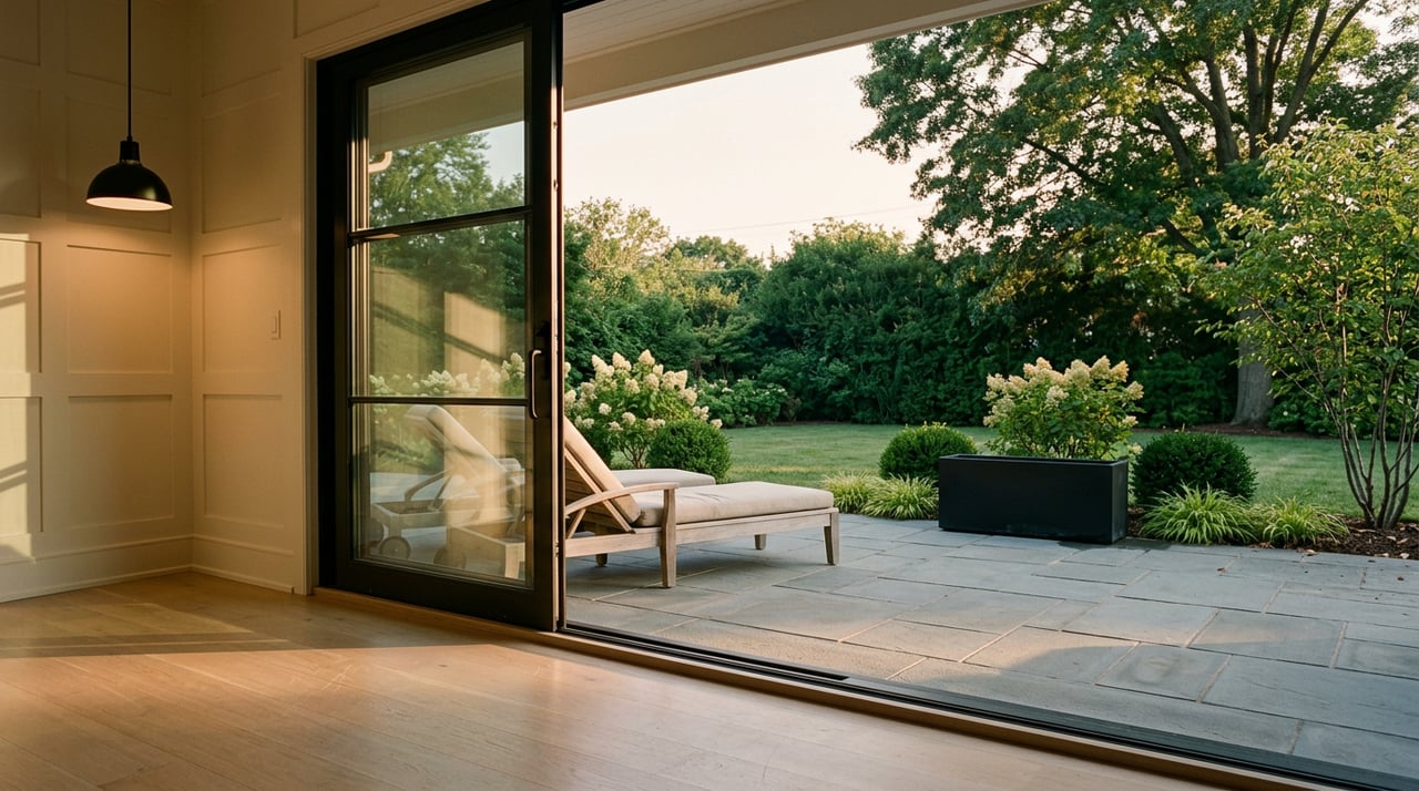Open black-framed sliding door reveals a bluestone terrace with a teak chaise, lawn, and dense planting.