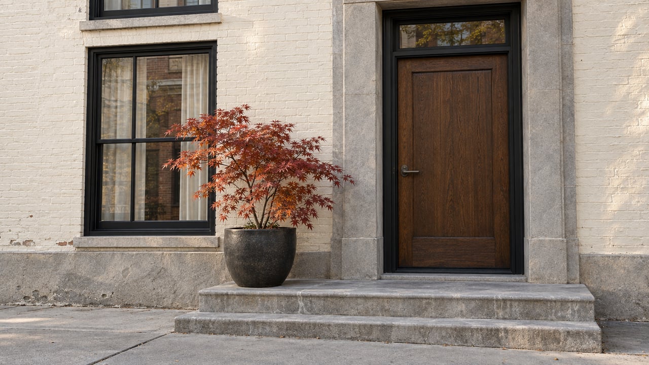 Ivory painted-brick townhouse entrance with a dark oak door, black-framed window, weathered limestone steps and a copper-red Japanese maple in a clay pot.
